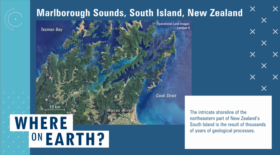 Screenshot of a video titled "Where on Earth?" showing a satellite image of the Marlborough Sounds, South Island of New Zealand