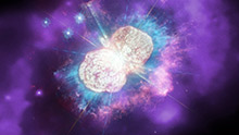 Image of outbursts from  Eta Carinae showing two white lobes paired at the center surrounded by blue, pink, and purple areas of gas and dust.