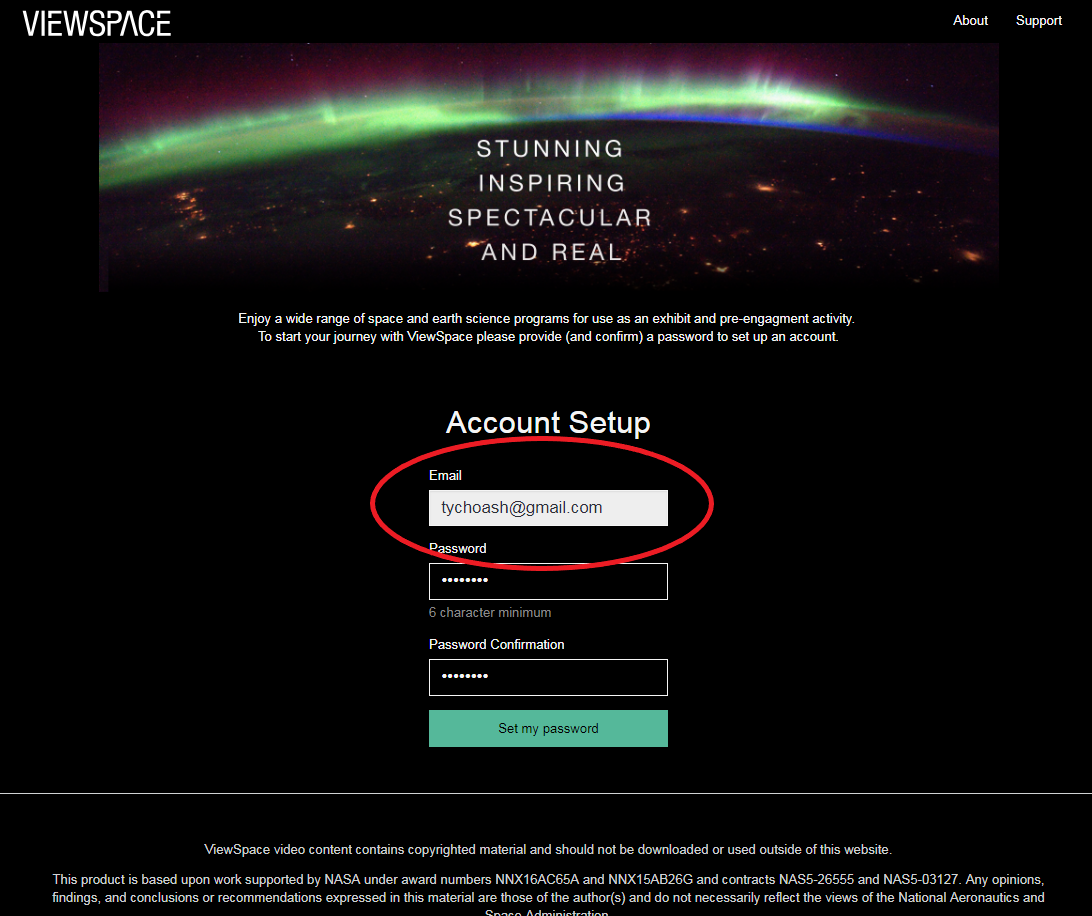 Screenshot of the ViewSpace Account Setup page showing fields for e-mail and password circled in red.