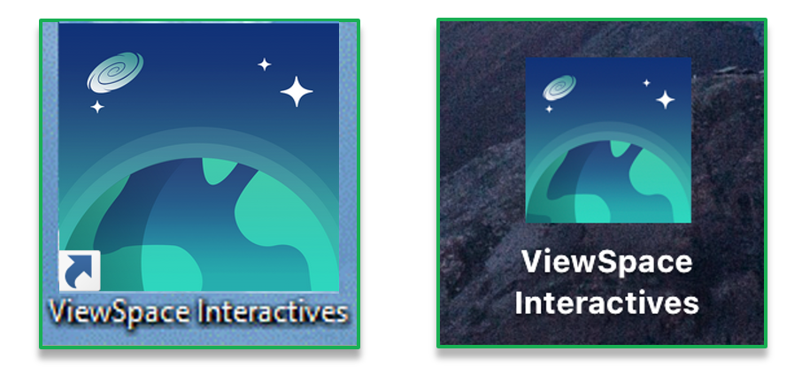 Two screenshots show shortcuts to the ViewSpace Interactives Web App on the desktop screen of a Windows computer (pictured on the left) and an Apple computer (pictured on the right). Both icons show a greenish-blue illustration of half of the earth surrounded by atmosphere, three stars, and a galaxy above. The icon on the left, from a Windows computer desktop, has a small blue arrow inside of a white box, positioned over the bottom left-hand corner of the icon illustration.
