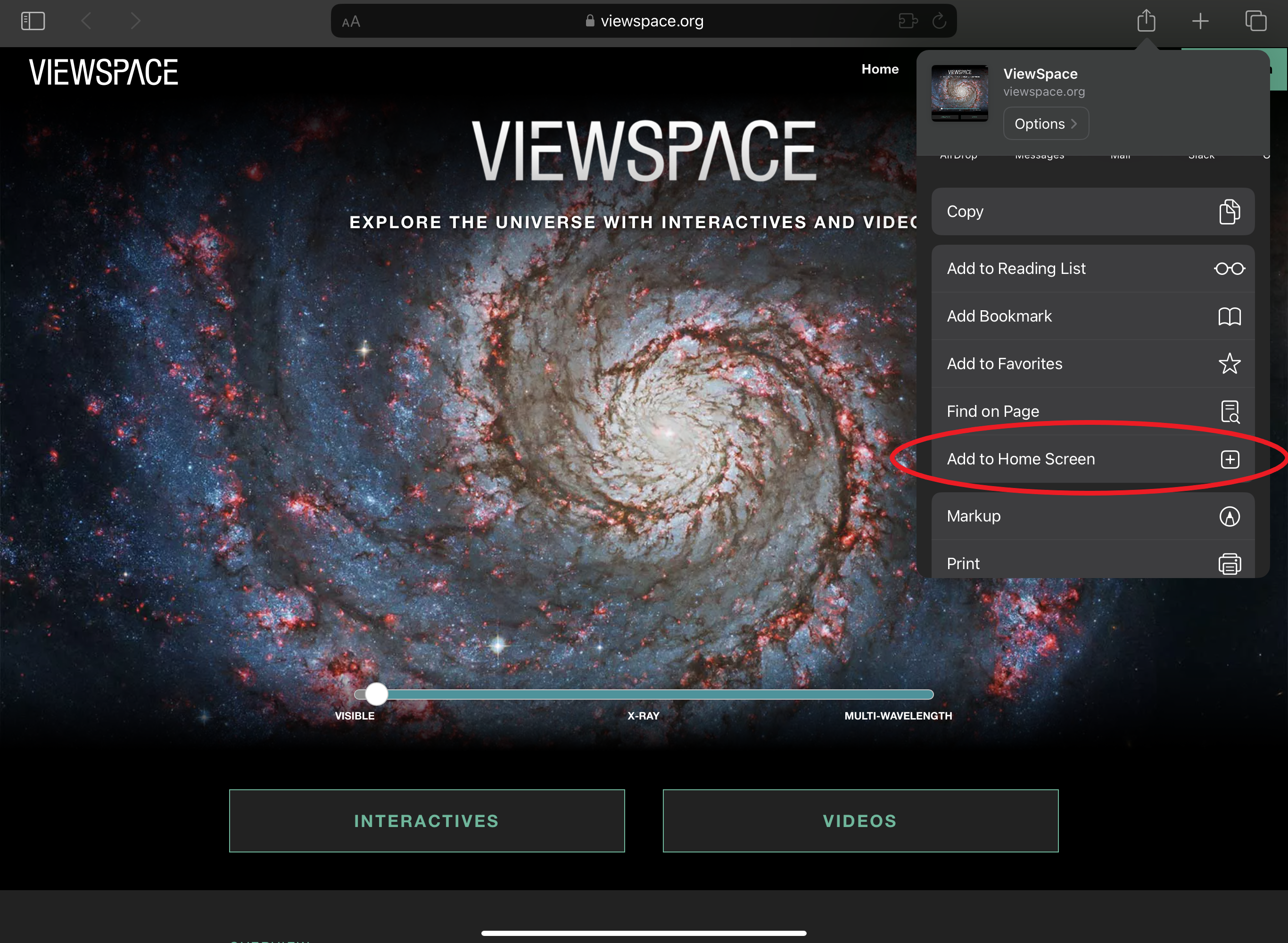Screenshot of the ViewSpace home screen on Safari showing a dropdown menu. The option "Add to Home Screen" is circled in red.