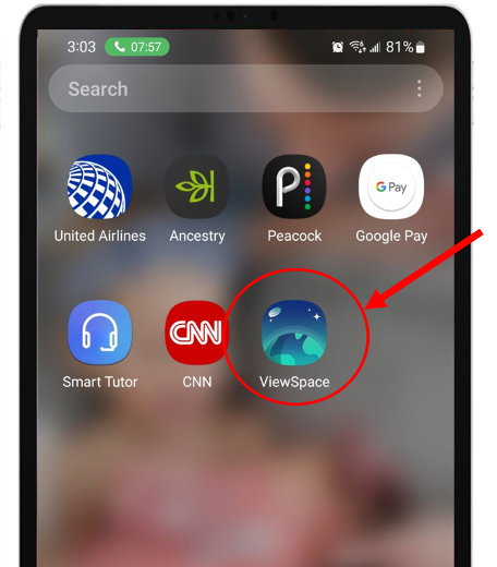 Image of a Samsung tablet screen with the ViewSpace Interactives web app shortcut icon circled and indicated with a red arrow. The web app icon is greenish-blue and includes an illustration of Earth surrounded by atmosphere, with three stars and a galaxy above.