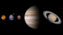 Illustration of five planets side-by-side: Venus, Earth with Moon, Mars, Jupiter, and Saturn