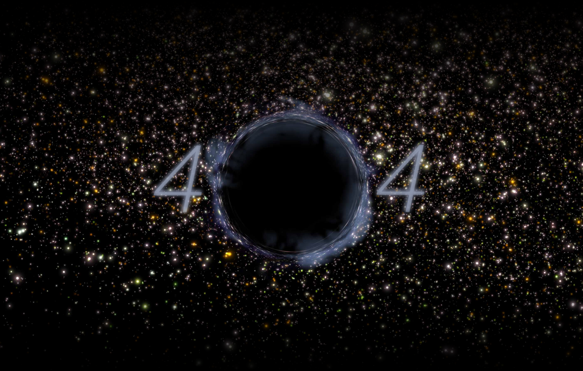 A 404 written on top of an background of stars and galaxies. The stylized "0" is an artist's impression of a black hole.