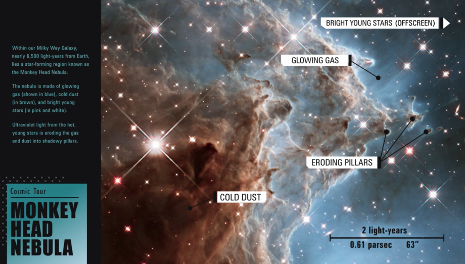 Screenshot of a video titled "Cosmic Tour: Monkey Head Nebula" showing a labeled image of a cloud of gas and dust