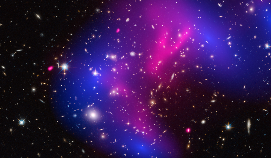 Field of scattered galaxies overlaid with large semi-transparent areas of blue and pink