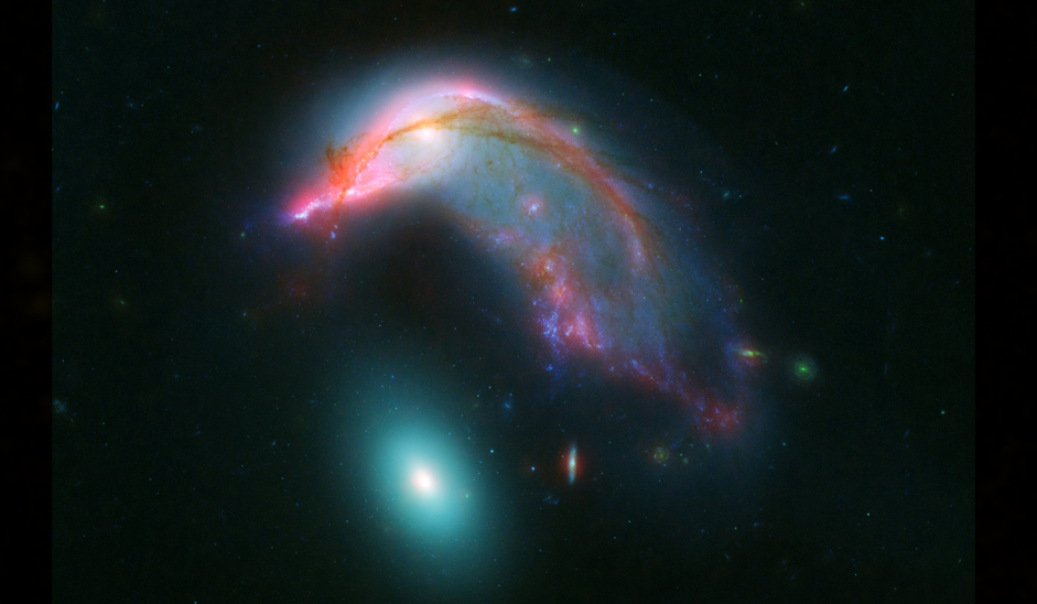 A distorted galaxy arches over a hazy blue oval galaxy, appearing like a bird hovering over its egg