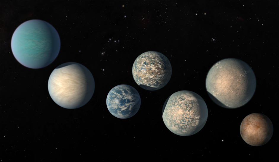 Illustration of seven planets close to one another against a black background that is speckled with stars.