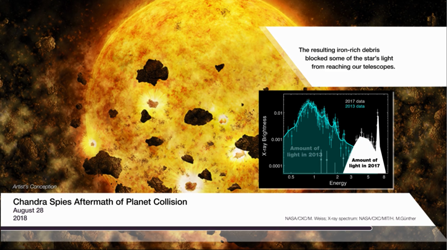 Screenshot of a video titled "Chandra Spies Aftermath of Planet Collision" showing an illustration of rocky debris surrounding a star