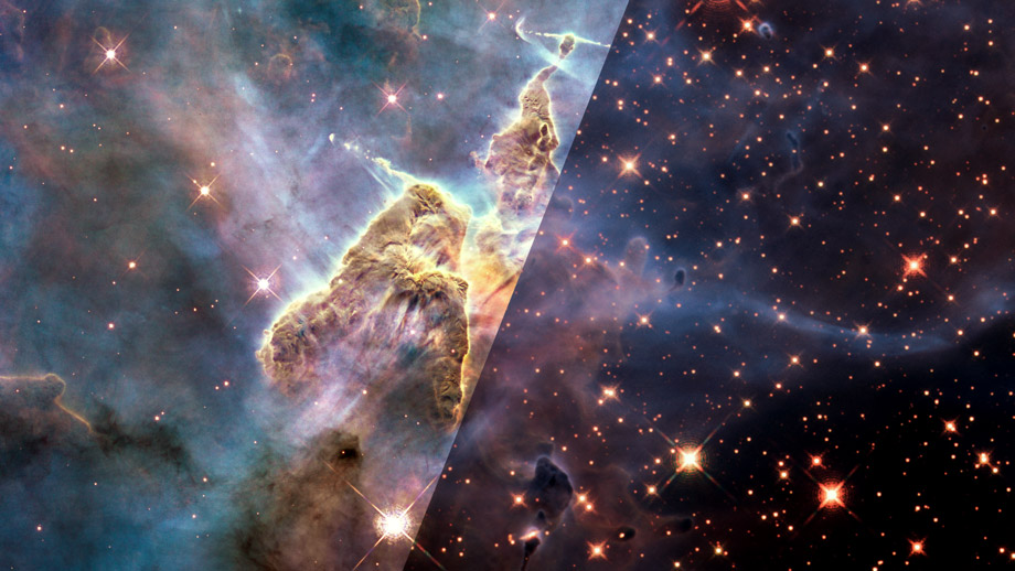 Split image of stars and dusty clouds. The left half of the image shows visible light of the dusty clouds in orange, brown, and blue. The right half of the image shows infrared light of the clouds in dark smoky gray, and the stars in orange.