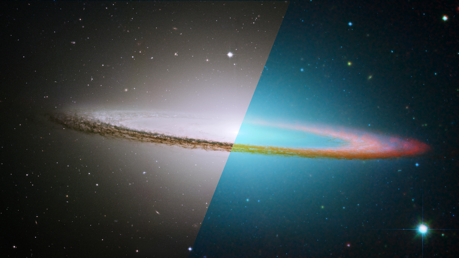 Split image of a disc-shaped galaxy. The left half of the image shows visible light in shades of brown and gray. The right side shows an infrared image in reds and blues.