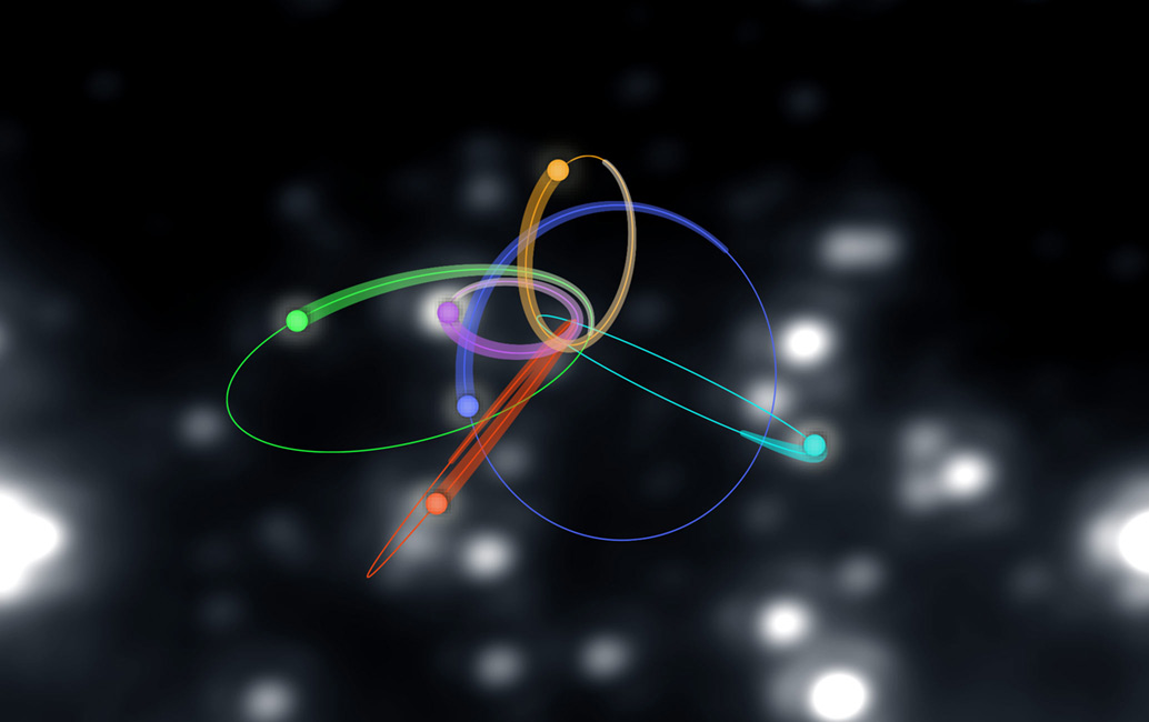 Ellipses that represent stars’ orbits overlay a star field