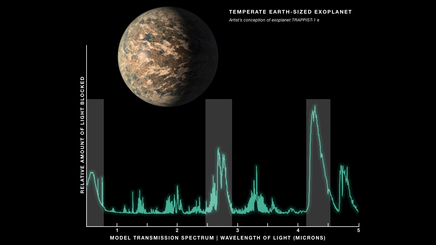 Earth-like exoplanet art; spectrum with some peaks labeled