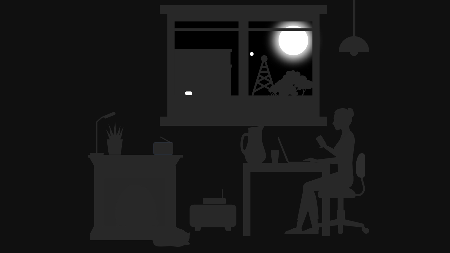 Dark scene with bright dentist’s machine, star, and Sun