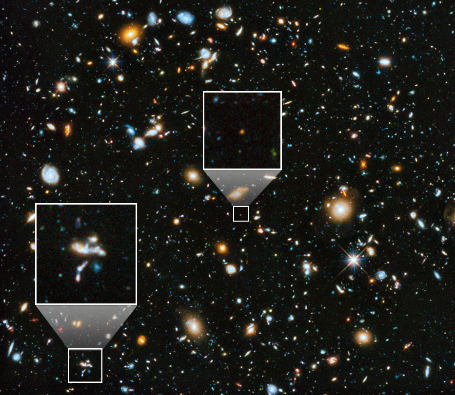 Full-color image with distinct spiral and elliptical objects
