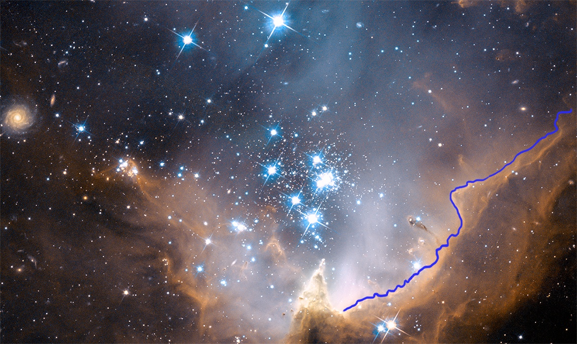 Stars shine brightly, dusty areas become vivid with color