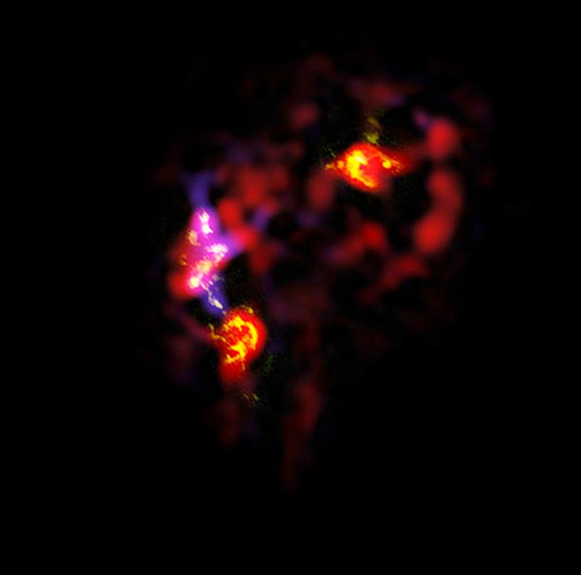 Indistinct clouds, brighter at the galaxy centers and colliding gas