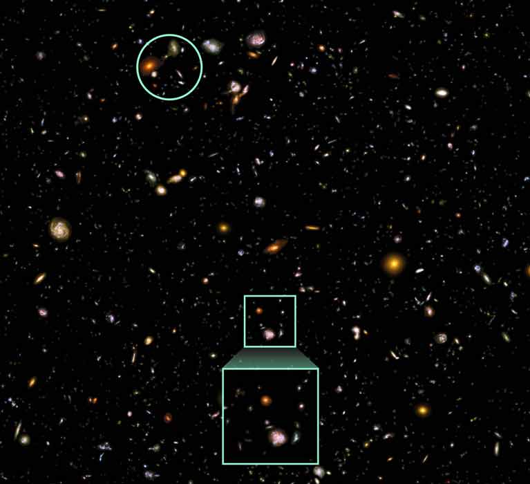 Vast expanse of galaxies with three areas highlighted