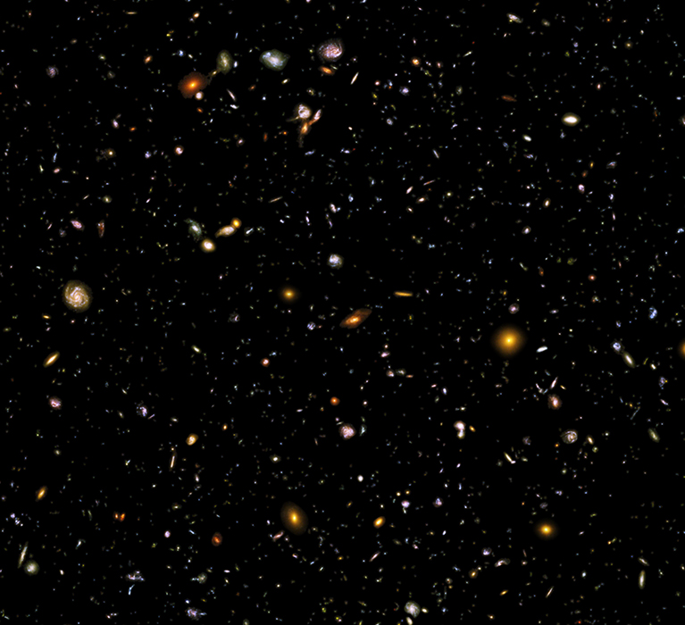 Vast expanse of galaxies with three areas highlighted