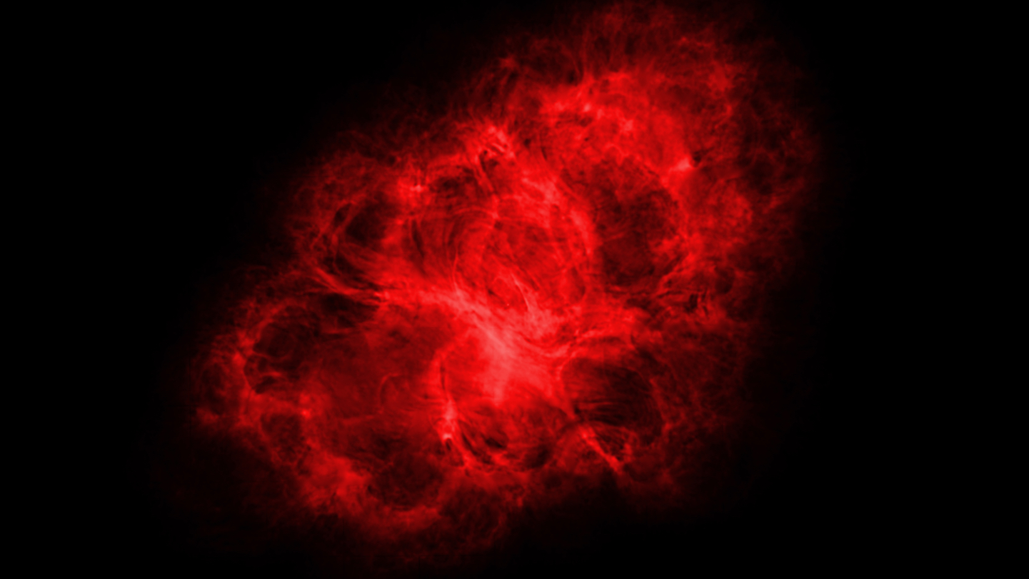 Red intensity color map showing a roughly elliptical-shaped structure of looping lines emanating from a bright central region