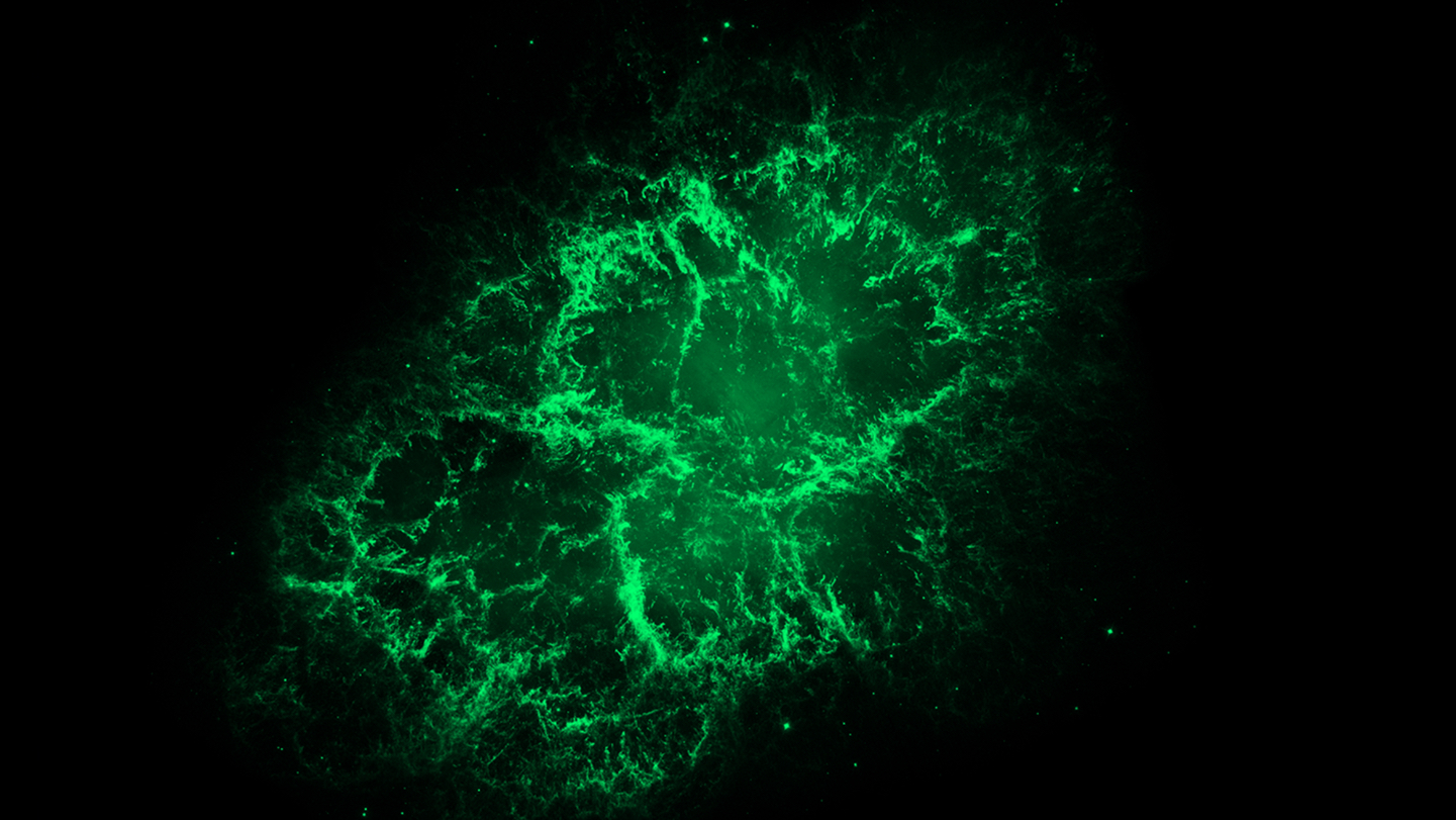 Green intensity color map showing a roughly elliptical-shaped structure of distinct, bright, frayed-thread-like filaments surrounding darker regions