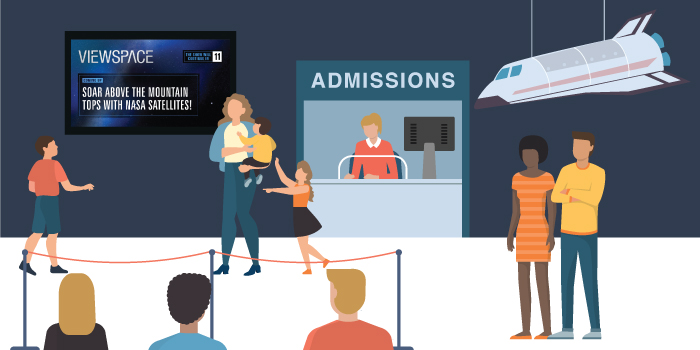 Illustration of the lobby of a museum, showing an admissions booth, a model of the space shuttle, and a monitor playing ViewSpace.