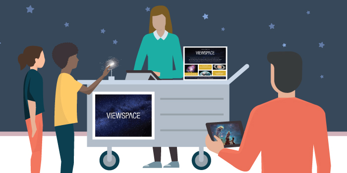 Illustration showing a museum educator interacting with visitors at a cart featuring ViewSpace. One visitor has a tablet showing a ViewSpace interactive of the Eagle Nebula.