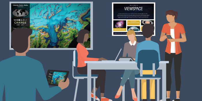 Illustration showing a group of adults using ViewSpace for training. A ViewSpace World of Change video is on the wall, along with a ViewSpace exhibit poster. One person is using a tablet to watch the video. Others are using laptops and mobile phones.