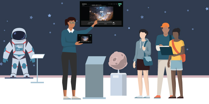 Illustration of a woman talking to a group of three people in an exhibit hall. She is holding a tablet with a ViewSpace interactive and pointing to the same interactive displayed on a monitor on the wall. Also in the exhibit hall are an astronaut suit and a model of the Moon.