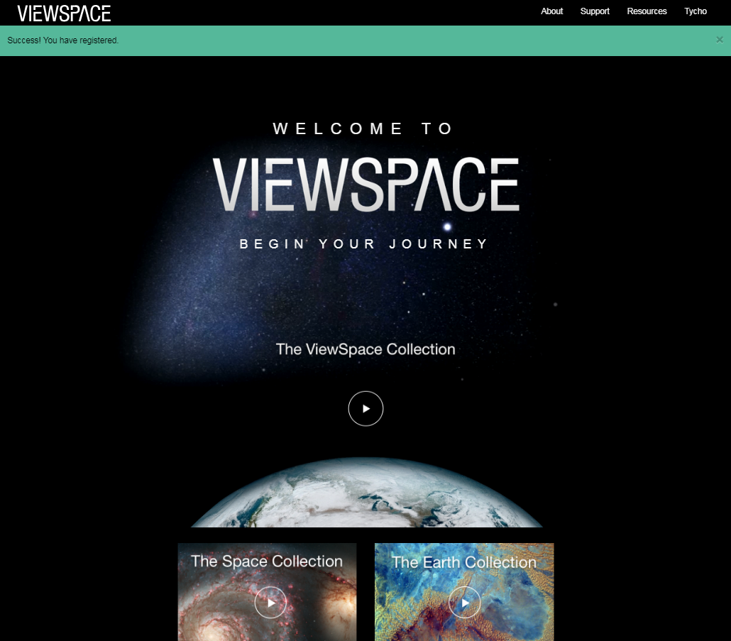 Screenshot showing the ViewSpace Collection, Space Collection, and Earth Collection with play buttons for each, on the ViewSpace Video Landing Page.