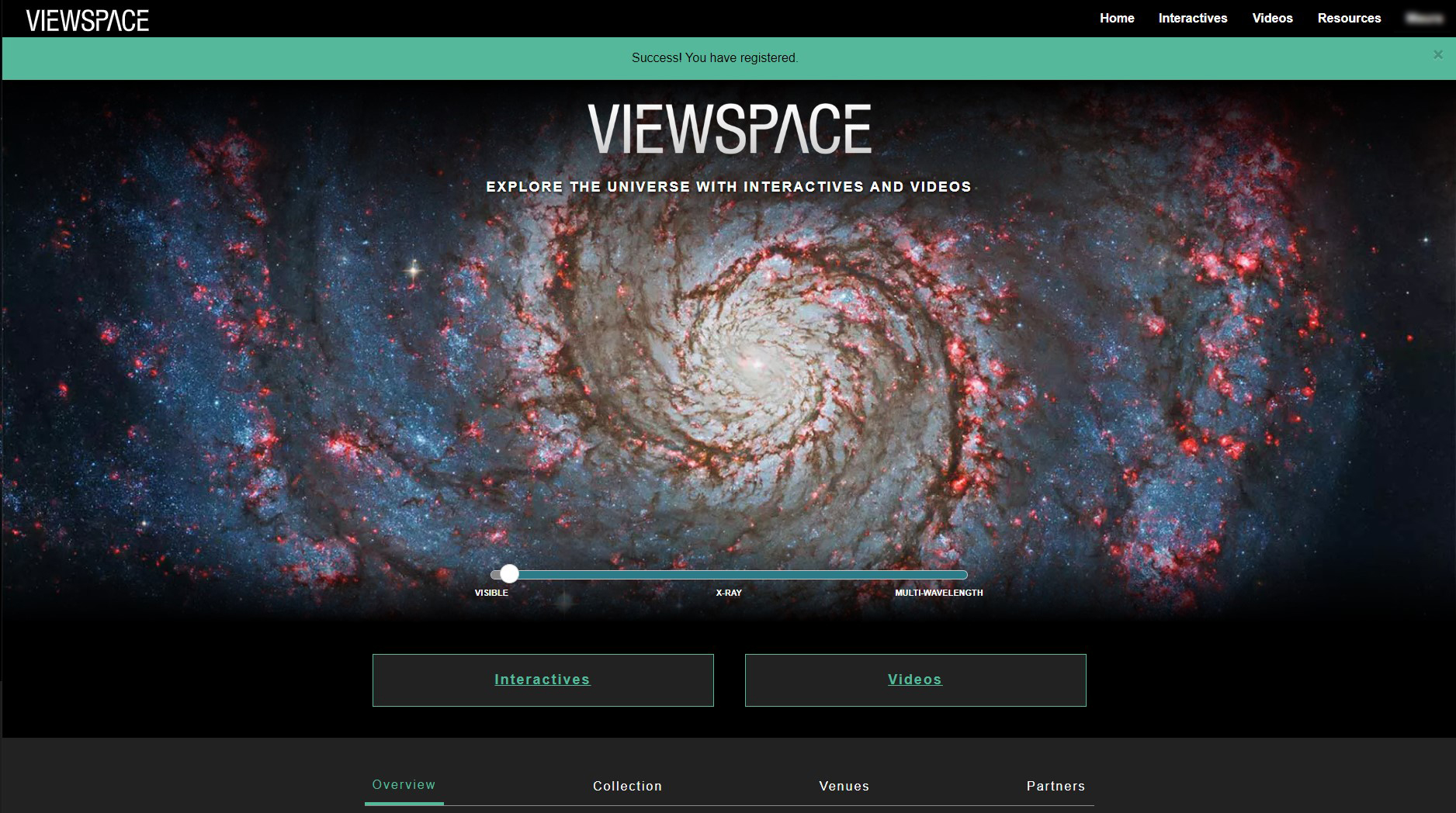 Screenshot of the ViewSpace Homepage. A green ribbon runs across the top of the screen and has text that reads “Success! You have registered.”