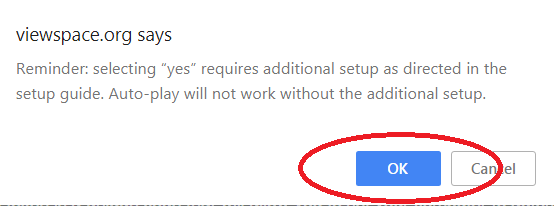 Screenshot of a pop-up reminder from ViewSpace. A red oval highlights the blue “OK” button.