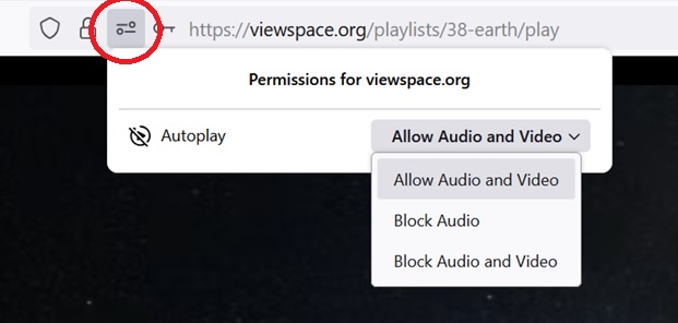 Screenshot of a URL address for a ViewSpace playlist. A square toggle icon positioned to the left of the URL is selected, and a drop-down menu is opened below. The drop-down menu reads “Permissions for viewspace.org” at the top. Directly below, on the left, is an icon and text that reads “Autoplay.” Just across, to the right, is another drop-down menu that has “Allow Audio and Video” selected.