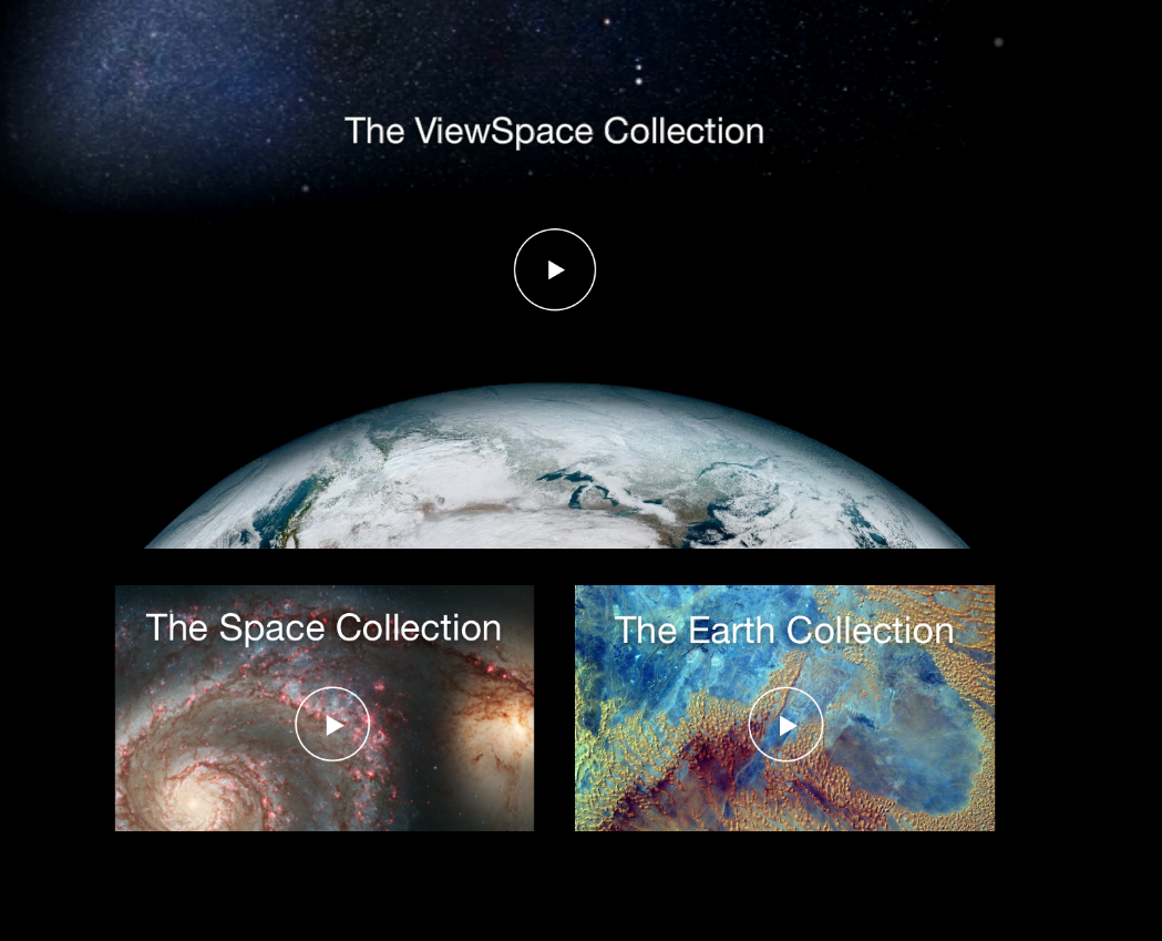 Screenshot of the ViewSpace Video Collections page showing clickable images for the ViewSpace Collection (showing the curvature of Earth as seen from space), the Space Collection (showing a rectangular image of a glowing pink and blue spiral galaxy), and the Earth Collection (showing an image of water and land as seen from space).