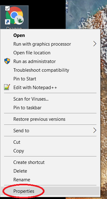 Screenshot of the Chrome desktop shortcut with the drop-down menu and the Properties button.