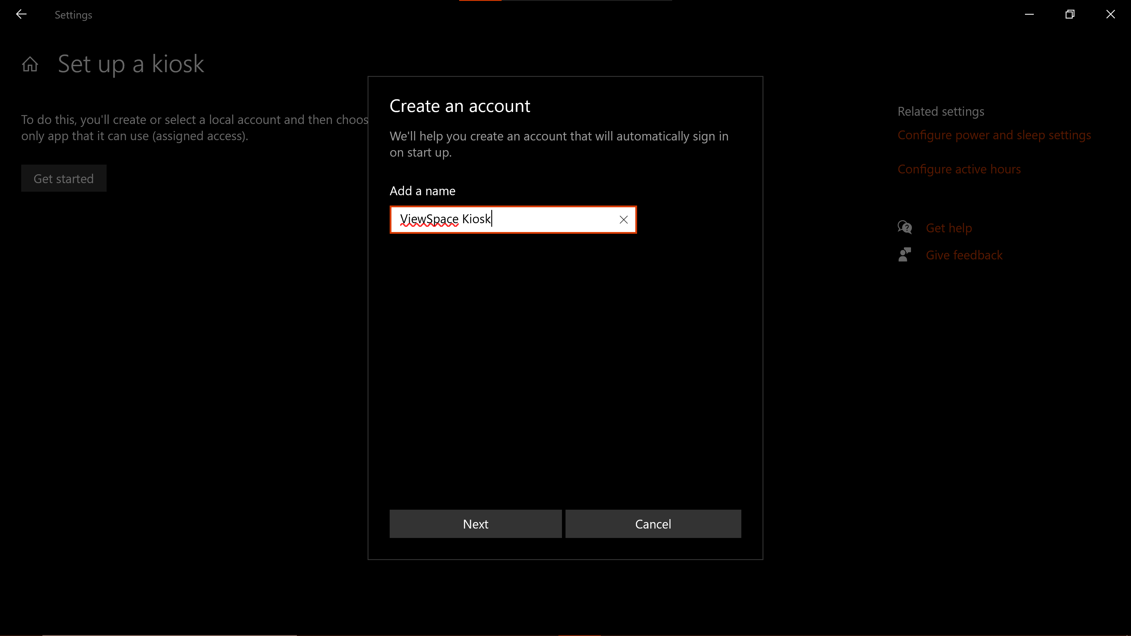 Screenshot of a pop-up window that says “Create an account.” Further below, underneath the “Add a name” section is a white rectangle outlined in red with text that reads “ViewSpace Kiosk.”