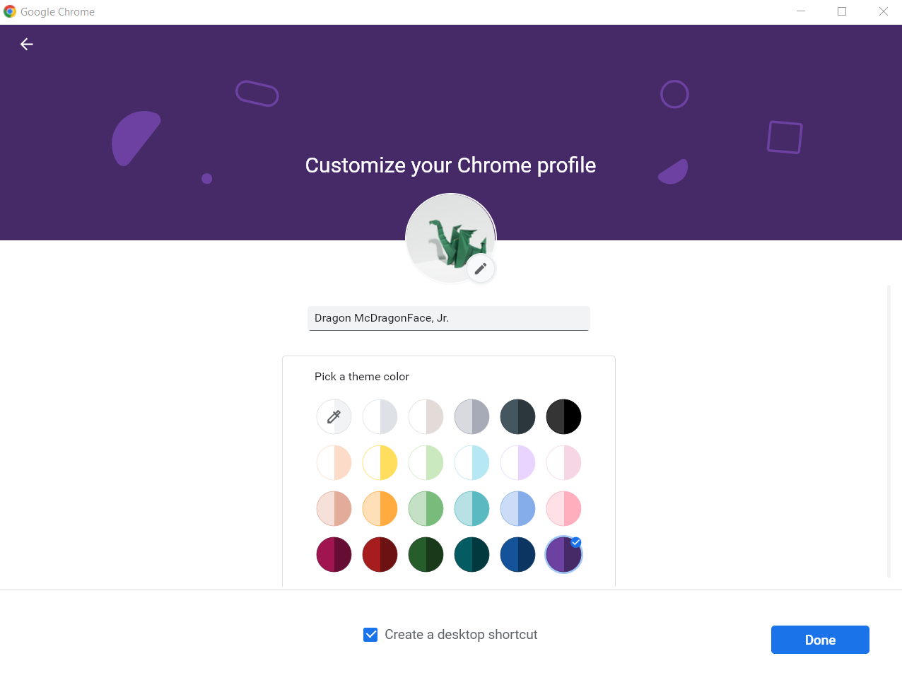 Screenshot of Google Chrome page titled 'Customize your Chrome Profile' with a dragon avatar and name 'Dragon McDragonface, Jr.'
