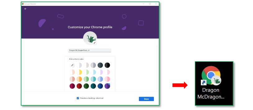 Screenshot of Google Chrome page titled "Customize your Chrome Profile" with a dragon avatar and name "Dragon McDragonface, Jr." A red arrow points to a screenshot on the right showing the desktop shortcut to Google Chrome with the dragon icon, labeled Dragon McDragon.