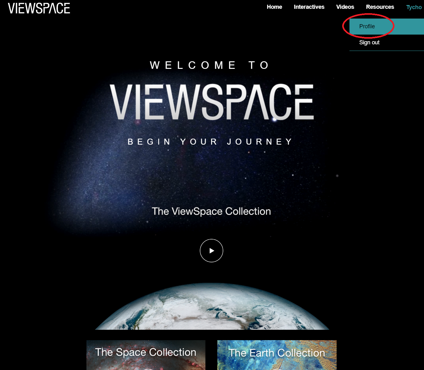 Screenshot of the ViewSpace Collections page with Profile button in the upper right circled.