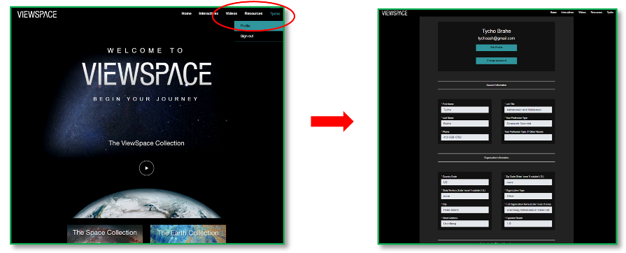 A screenshot on the left-hand side shows the ViewSpace Video Collections page with the Profile button in the upper right circled in red. A red arrow points to a screenshot on the right displaying the User Profile information fields that must be filled in to register an account, including First Name, Last Name, Phone, Job Title, and Your Profession Type.