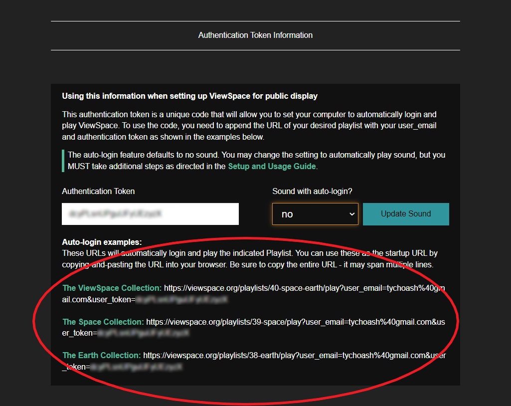 Screenshot of the User Profile page zoomed in to the Authentication Token Information. The auto-logins for the ViewSpace Collection, Space Collection, and Earth Collection are circled in red.