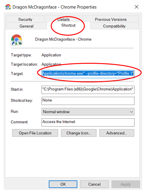 Screenshot of the Chrome Properties dialog box with the Shortcut tab displayed. The field for Target is circled and the text in that field is highlighted.