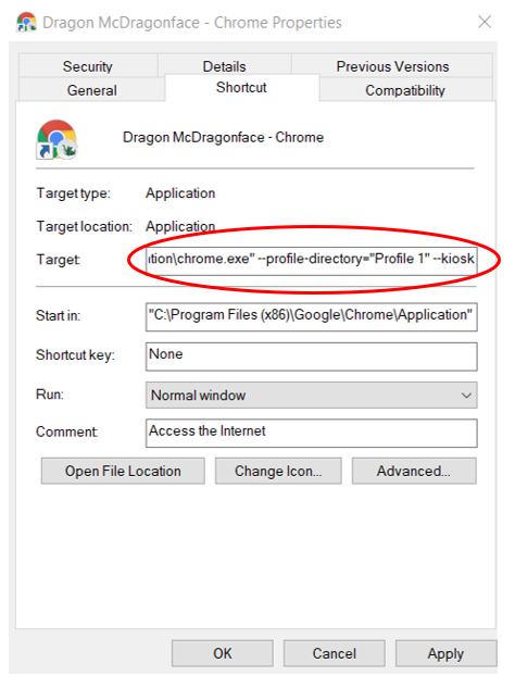 Screenshot of the Chrome Properties dialog box with the Shortcut tab displayed. The field for Target is circled.