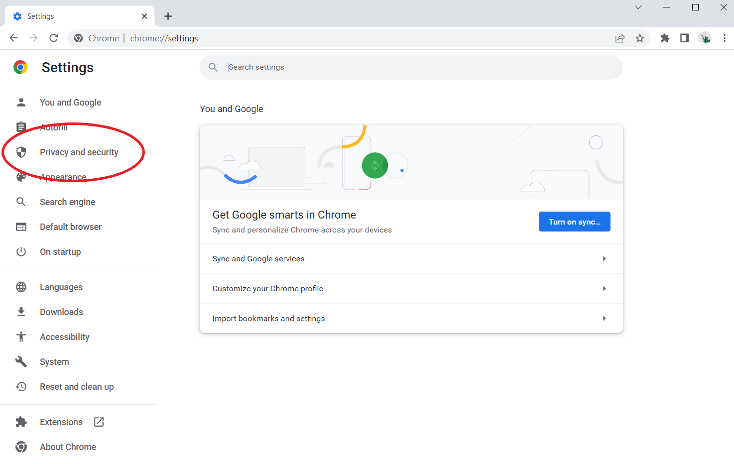 Screenshot of the Google Chrome Settings screen with the Privacy and security option circled in red.