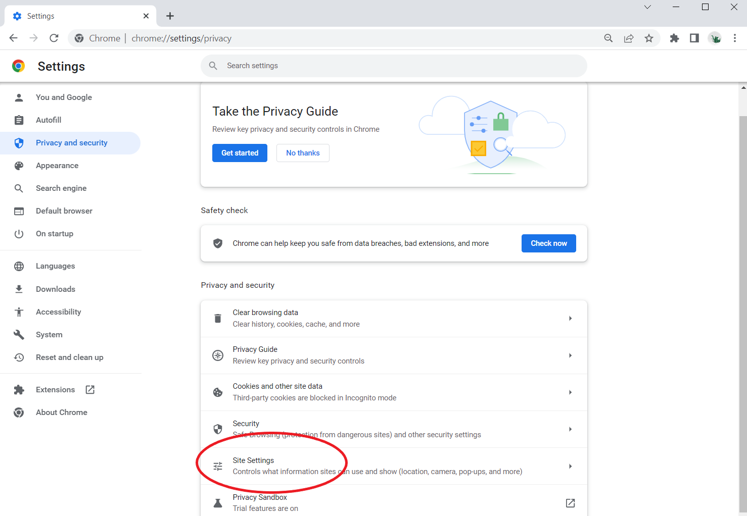 Screenshot of the Google Chrome Settings/Privacy and security screen with the Site Settings option circled in red.