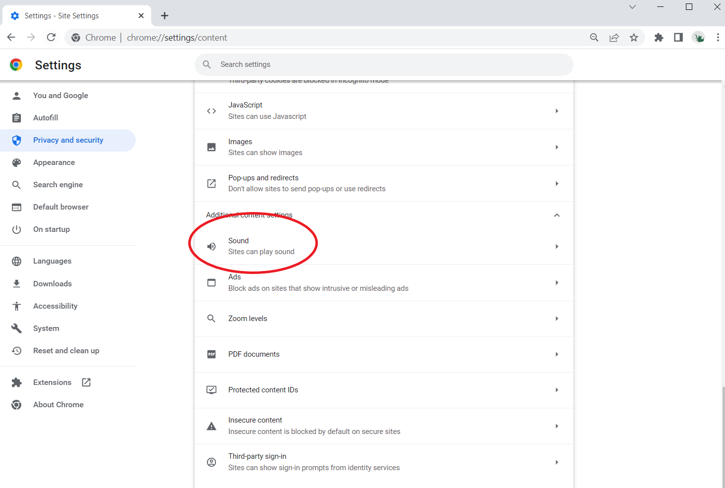 Screenshot of the Google Chrome Settings/Privacy and security/Site Settings screen with the Additional Content Settings: Sound option circled.