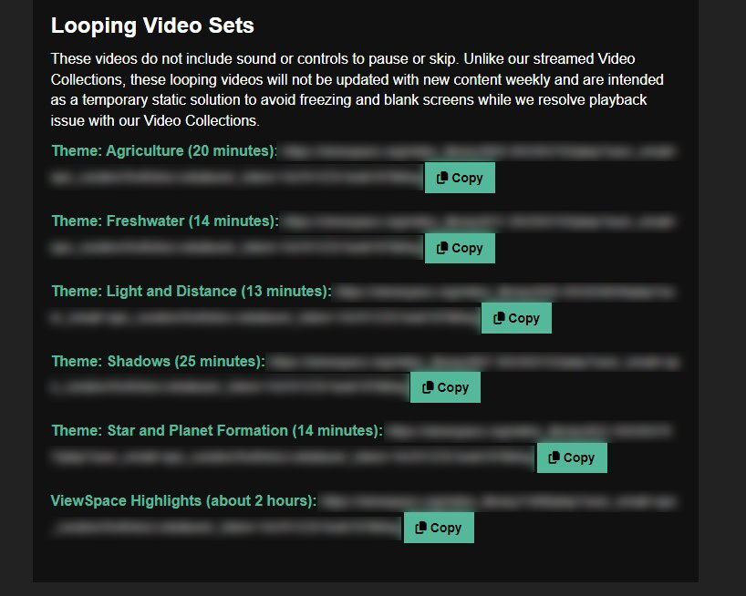 Screenshot showing the list of the different looping video sets. There are five thematic looping video sets and one ViewSpace Highlights looping video set.