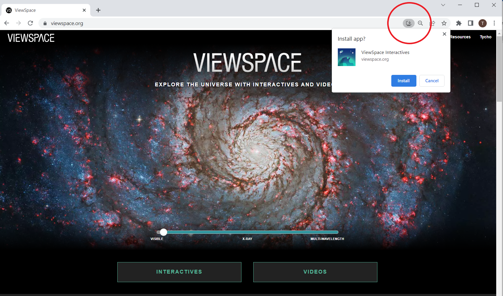 Screenshot of the ViewSpace home screen on Google Chrome. On the browser bar at the top right, a download icon is circled in red. Below the icon is a popup with the words "Install app? ViewSpace Interactives" along with a blue button on the bottom right labeled Install.