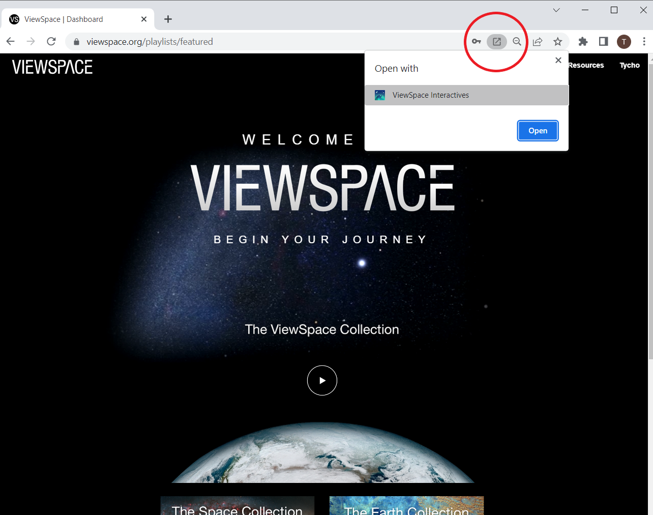 Screenshot of the ViewSpace home page. On the right side of the browser bar is a launch icon that is circled, which resembles a box with an arrow pointing out of it diagonally upward to the right. Below the icon is a popup with the words Open with and ViewSpace Interactives. A highlighted Open button is at the bottom right of the popup.