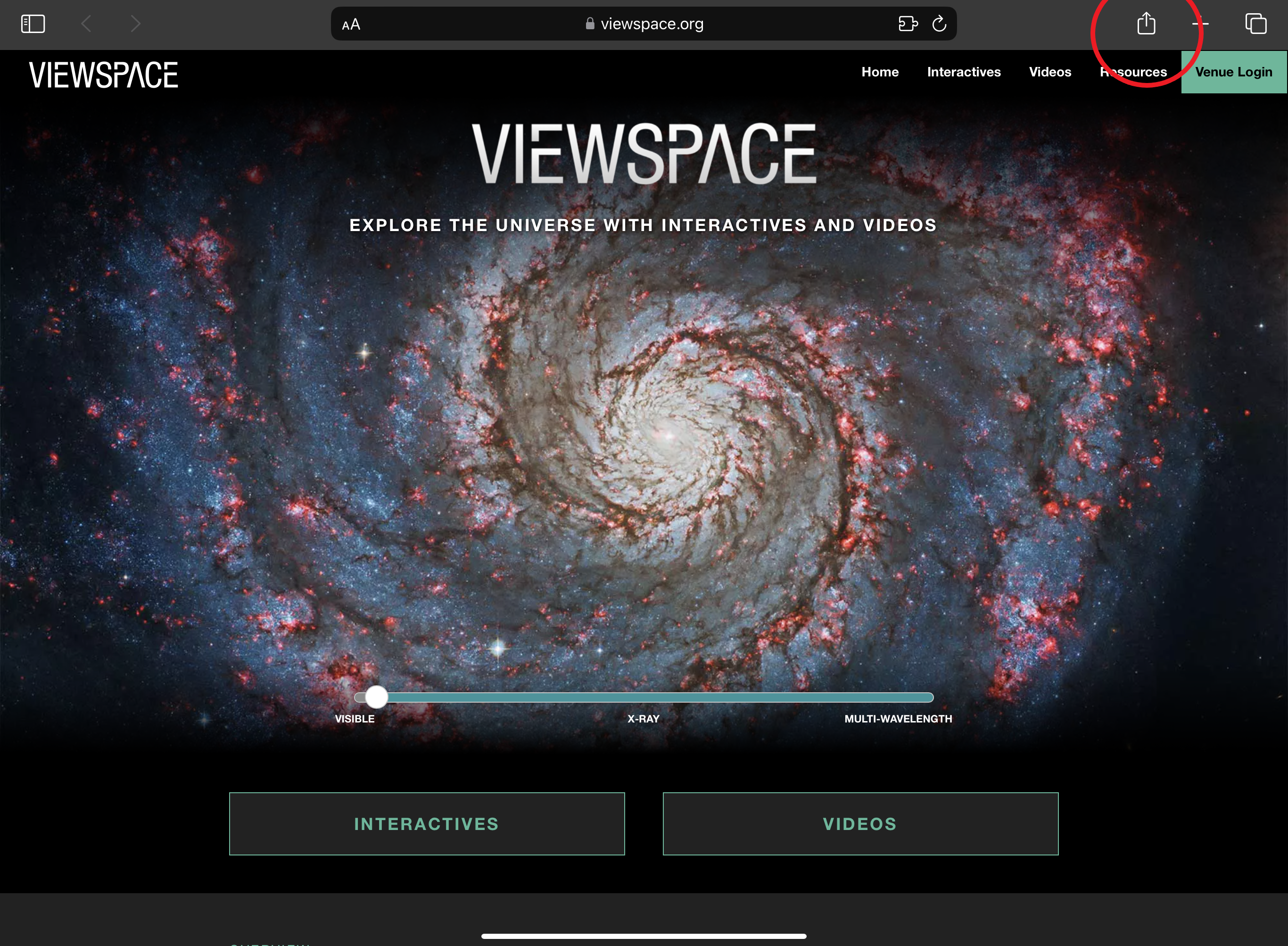 Screenshot of the ViewSpace home screen on Safari. A share icon (a square with an arrow pointing upward) is in the upper right and is circled in red.